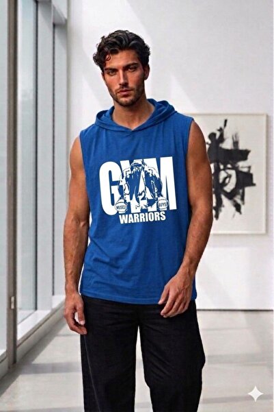 CAST COLLECTİON Men's Sax Blue Gym Warriors Printed Sleeveless Hooded Wide Fi...