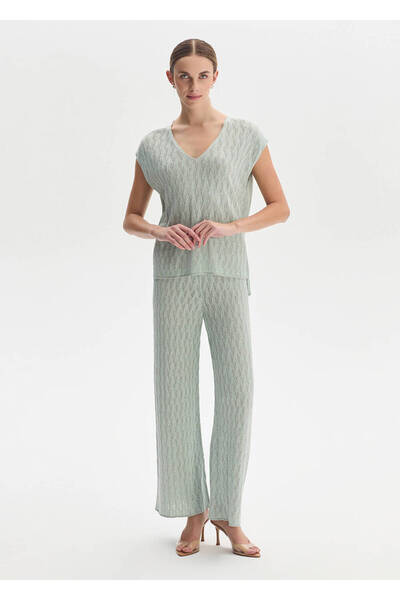 Knitss Su Yeşili Işıltılı Keten Karışımlı Triko Pantolon