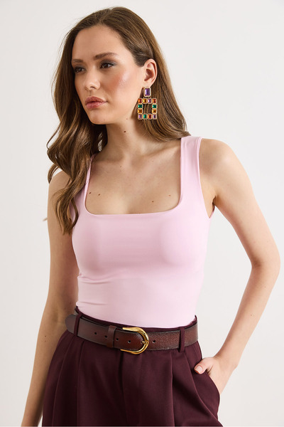 Olalook Women's Pink U-Neck Half-Length Double Layer Bodysuit with Six Snaps ...