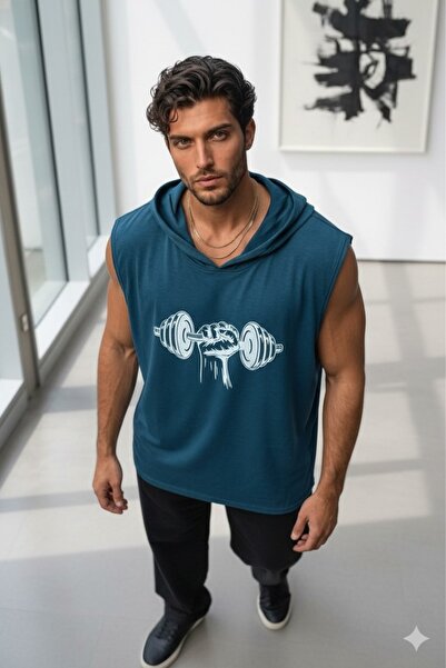 CAST COLLECTİON Men's Petrol Blue Sleeveless Hooded Wide Fit Dambıl Printed S...