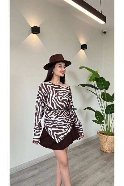 modadagiyim Γυναικεία μπλούζα με ζώνη, ασύμμετρη κοπή, μακρυμάνικη, λεοπάρ