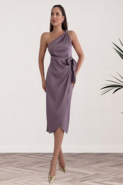 lovebox Γυναικείο βραδινό φόρεμα με κόμπο στον ώμο με ζωσμένο σατέν 003