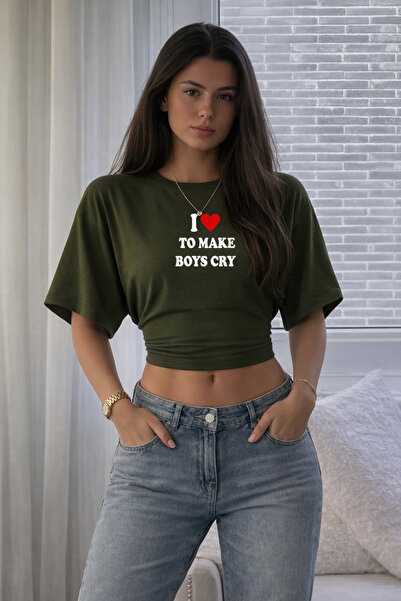 Kadın Boys Cry Baskılı Haki Dar Crop Bluz