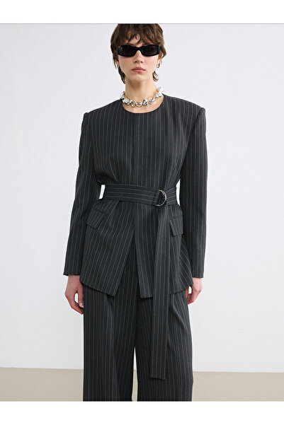 LC Waikiki Peak New Season Crew Neck Striped Belted Women's Blazer Jacket