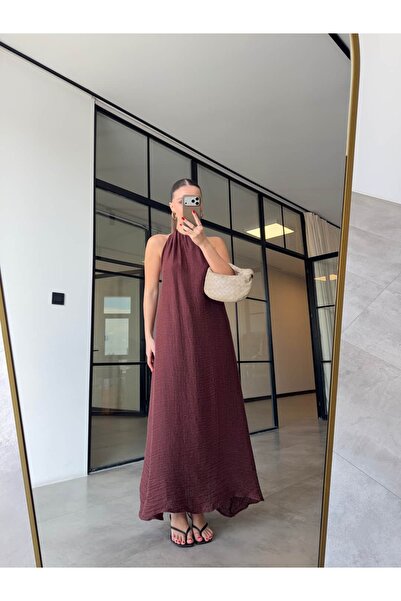 BB Bensu Buyruk Λινό μάξι φόρεμα με δέσιμο στο λαιμό, δαμασκηνί