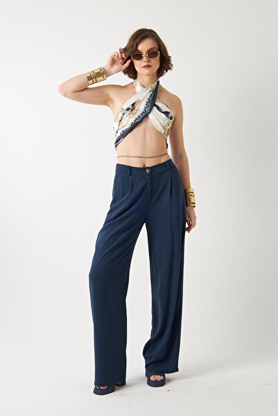 GIA - ART Γυναικείο παντελόνι Verona σε μπλε ναυτικό χρώμα – Ψηλόμεσο με πιέτ...