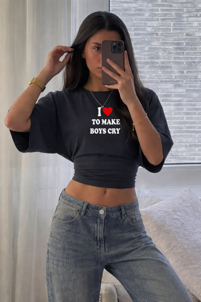 COMBİNE MİCHAİL Women's Boys Cry Printed Smoked Tight Crop Blouse