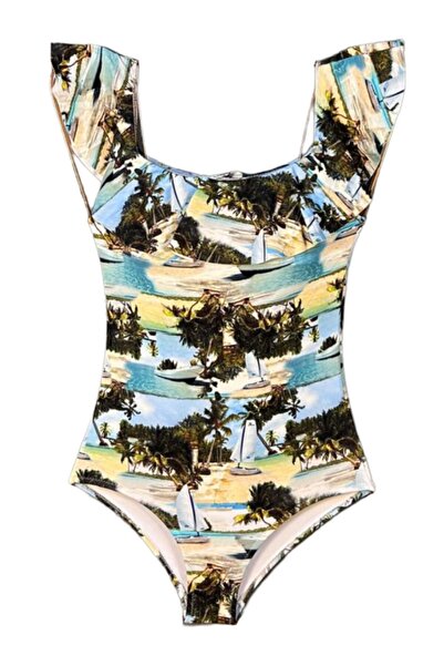 LOOK ME Panoramic Beach Figured Flounce Girls' Swimsuit