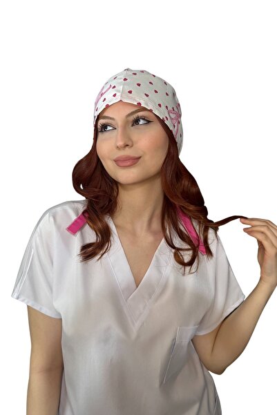 ÇİMEN BUTİK Pamuklu Poplin Cerrahi Ve Aşçı Bone Pembe Fiyonk Ve Kalp Desenli