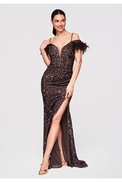 Larica OMBRE Γυναικείο Μάξι Φόρεμα Βραδινό εφαρμοστό LA-OM-DLR326 Καφέ