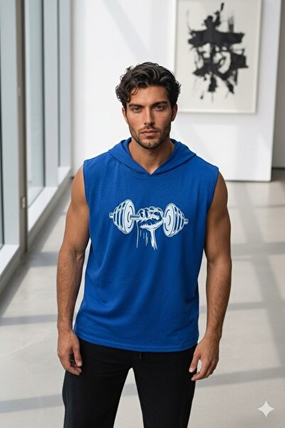 CAST COLLECTİON Men's Sax Blue Sleeveless Hooded Wide Fit Dambıl Printed Spor...
