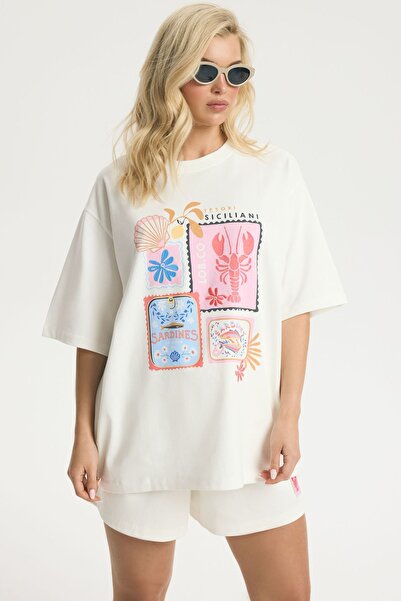 ESOTIQ Tricou supradimensionat de damă BLOOVII, 100% bumbac, cu motiv mediter...