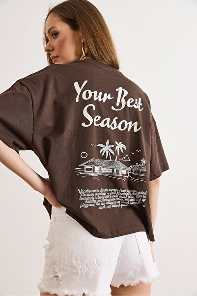 Olalook Γυναικείο καφέ μπλουζάκι με στάμπα μπροστά και πίσω, από βαμβάκι, σε ...