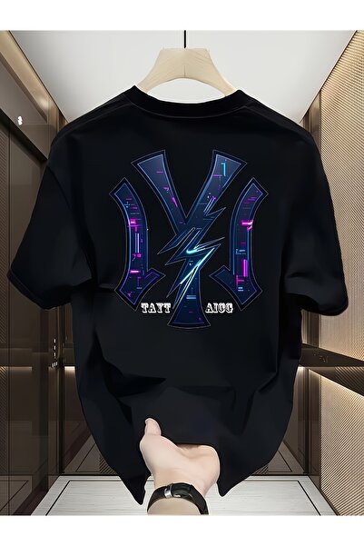 yiou trendy clothing تي شيرت أسود للجنسين بتصميم جرافيك مع نمط صاعق على شكل ش...