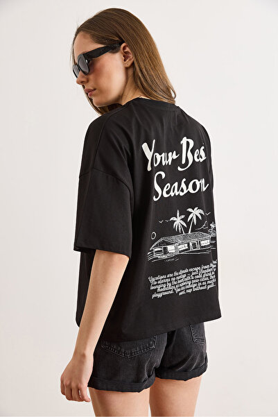 Olalook Γυναικείο μαύρο βαμβακερό μπλουζάκι με στάμπα μπροστά και πίσω, overs...