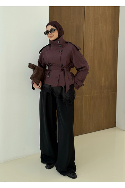 MODA AKSA 004 DİK YAKA KISA KUŞAKLI TRENÇKOT BORDO