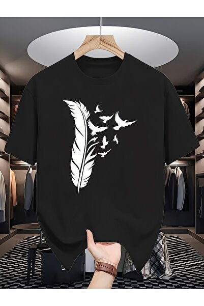 yiou trendy clothing تي شيرت رجالي صيفي بأكمام قصيرة ونقش ريش 0312