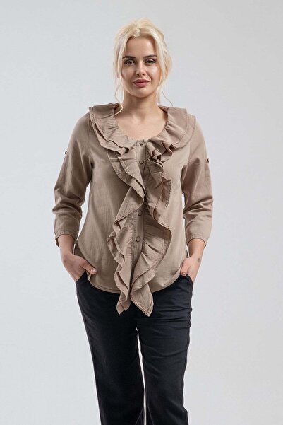 Bold & Young Γυναικείο Μπεζ Βαμβακερό Πουκάμισο με Λεπτομέρεια Μπροστινού Βολ...