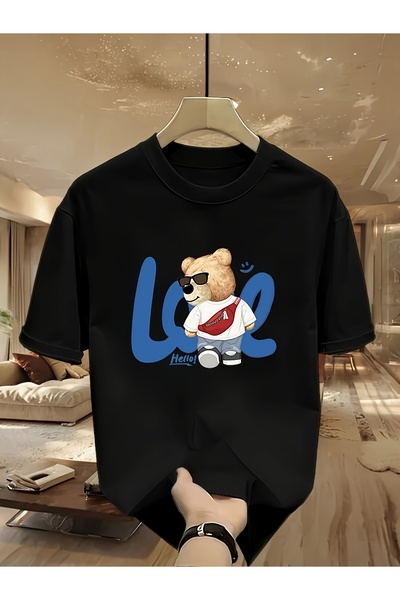 yiou trendy clothing تي شيرت رجالي ثقيل الوزن بلون واحد وطباعة عصرية بأكمام ق...