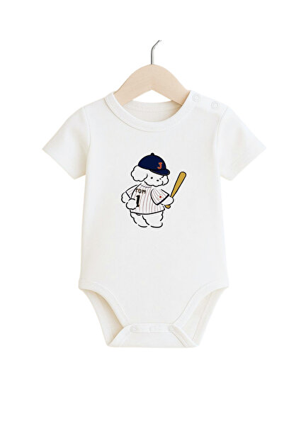 babytex Baseball Player Dog Printed Baby Bodysuit 100% Cotton Short Sleeve Ba...