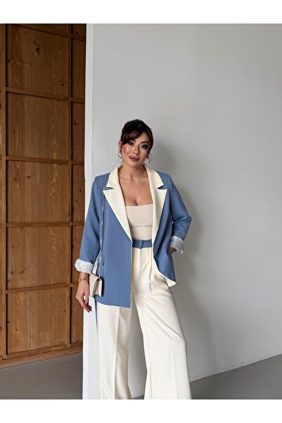 HOEK Γυναικείο κρεμ-μπλε oversize σακάκι μπλέιζερ με παντελόνι Palazzo