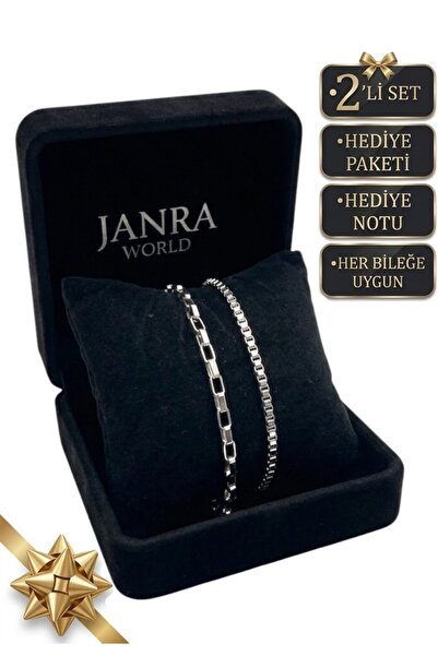 JANRA WORLD Set of 2 Silver Color Stainless Steel Bracelets Adjustable Non-Ta...
