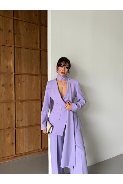 HOEK Women's Lilac Shawl Detailed Buttoned Jacket Trousers Suit
