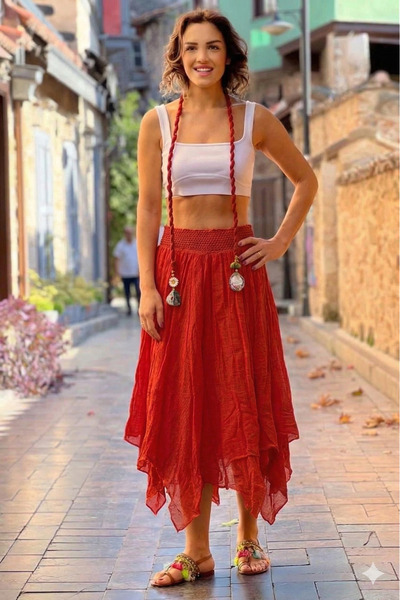 Nevin Kaya Moda Κόκκινη Φούστα Μάγισσας με επένδυση από 100% βαμβάκι