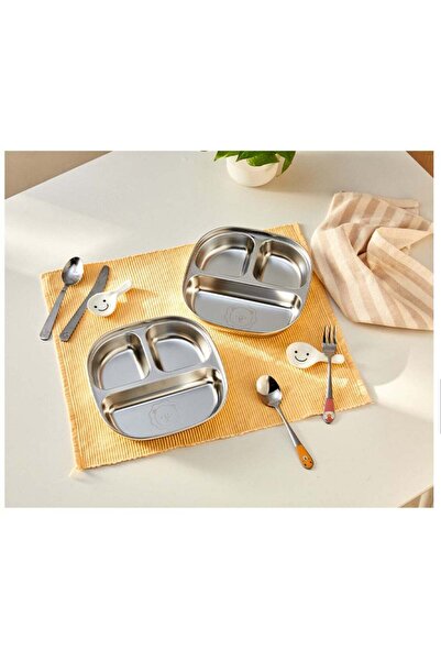 onsafe 2 Pcs Made in Korea Stainless Steel Kids Plates 3 Sections Divided Unb...