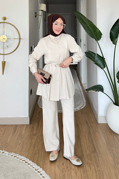 Tesettür Diyarı Σετ υφασμάτινο μαντήλι και ζωνάκι Savt Cupra - Κρεμ