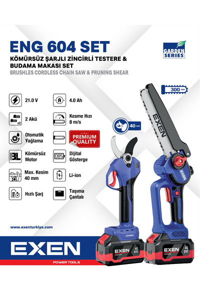 EXEN ENG 604 Set 21 V 2x4 Ah Çift Akü Kömürsüz Şarjlı Testere ve Makas Seti