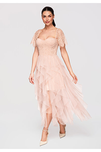 Larica OMBRE Γυναικείο Φόρεμα Μίντι Δαντέλα LA-OM-DLR327 Nude