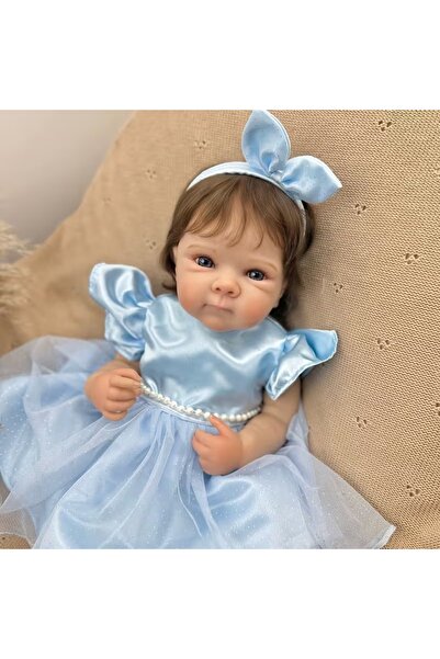 LunaDefano 48 CM (19 İnç) Reborn Bebek Mavi Elbiseli Gerçekçi Full Vinyl Bebe...