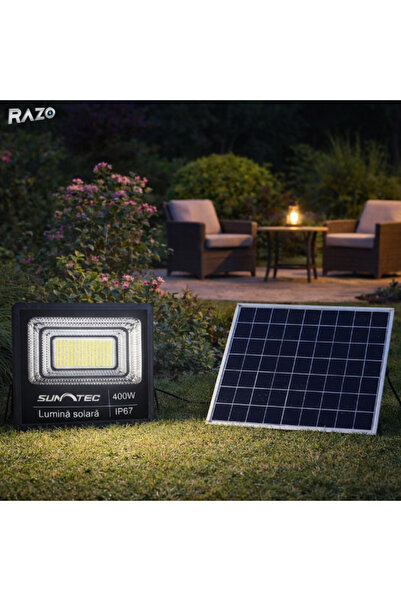 Razo Proiector solar 400W model mic, IP67, Telecomandă, Iluminare puternică, Panou solar inclus