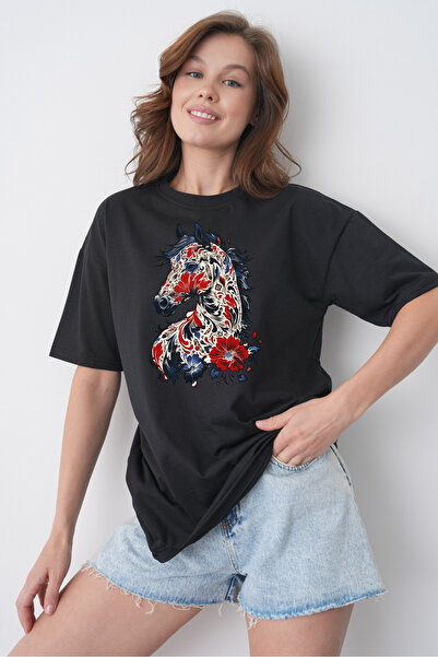 TREND EMMODA Tricou negru pentru femei, cu imprimeu floral autentic, cu impri...