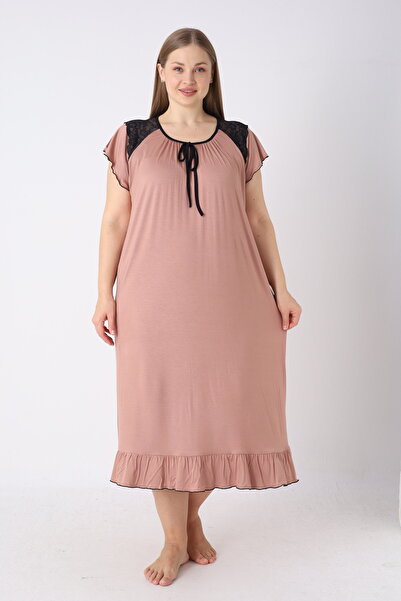 JENİKA Γυναικείο νυχτικό από βισκόζη μεγάλου μεγέθους με κοντό μανίκι και λεπ...