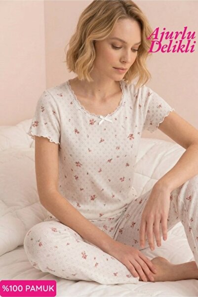 bie's Σετ πιτζάμες με κοντό μανίκι, μπλε φλοράλ, με λεπτομέρεια δαντέλας χωρί...