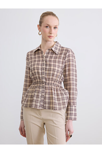 LC Waikiki Plaid Ruched Seersucker Women's Shirt