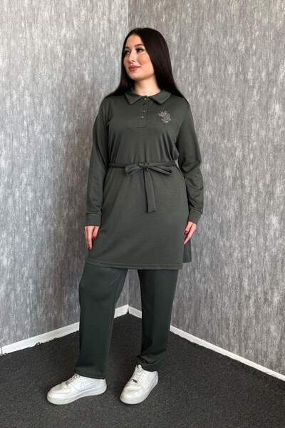 ModaPlaza Γυναικείο Σετ με Ζώνη και Κουμπωτό Κούμπωμα σε Μεγάλο Μέγεθος 7587