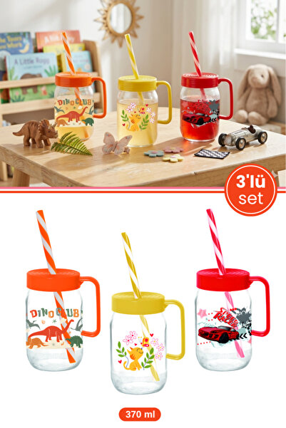 Flora 3 Adet Kulplu Pipetli Cam Bardak Seti; 370 cc Çocuk Süt ve Meşrubat Bar...