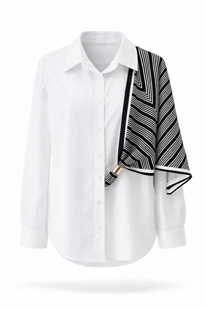 Miss Poem Γυναικείο λευκό πουκάμισο με ασύμμετρο σχέδιο και λεπτομέρεια σάλι