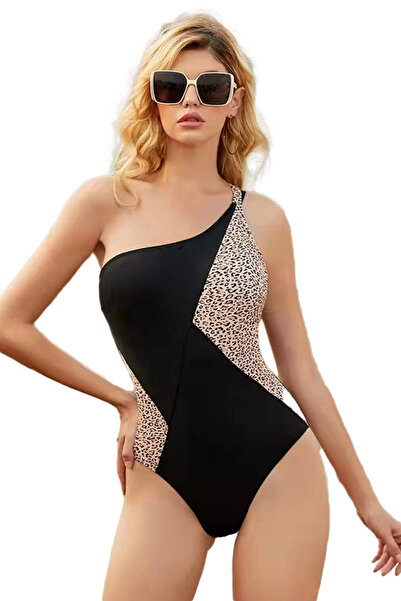 EFAYN.RO Women's swimsuit, one piece, black, Animal Print, one shoulder, EFAYN