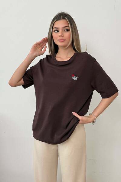 GİYSA Γυναικείο T-Shirt με λαιμόκοψη ποδηλάτου, με κέντημα ελέφαντα, 100% βαμ...