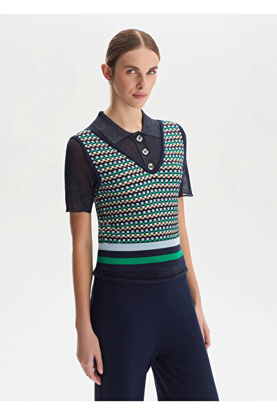Knitss Geometric Patterned Navy Blue Knitwear Top
