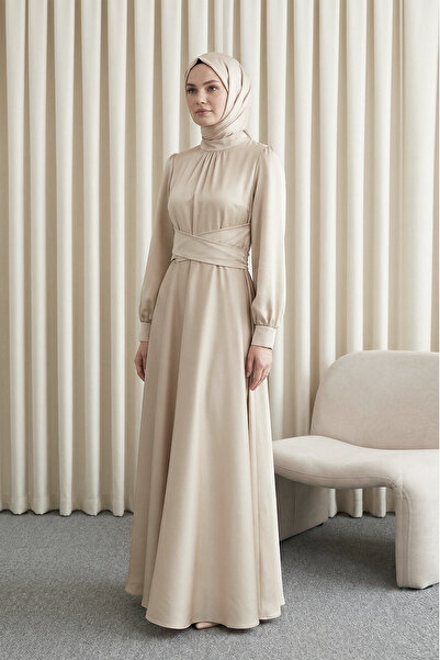 MODAQU Cross-Tied Collar Satin Evening Dress - Beige