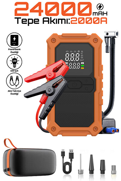 handanca 24.000mAh Şarjlı Akü Takviye Cihazı Çantalı 2000A Tepe Akımlı Akü Ta...