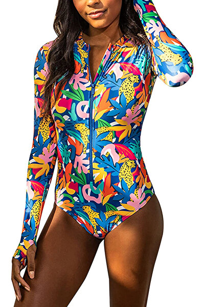EFAYN.RO One-piece swimsuit, long sleeves, zipper closure, jungle print, M, m...
