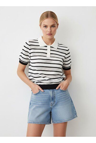 Noi Belis Ριγέ πλεκτή μπλούζα με γιακά πόλο και μισό κούμπωμα SS26BZ0127