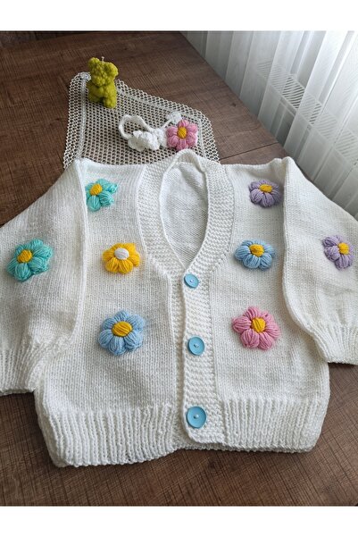 EL ÖRGÜSÜ CİCİ BEBE Hand Knitted Adult Cardigan White