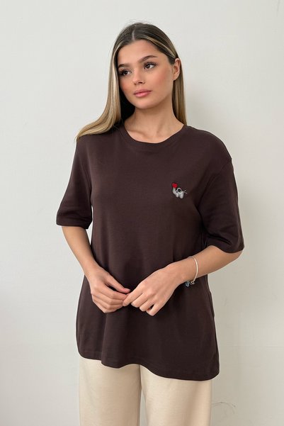 GİYSA Women's Crew Neck Elephant Embroidered 100% Cotton T-Shirt Brown - 26Y 26729